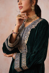 Bottle Green Crush Velvet Embroidered Sharara Set