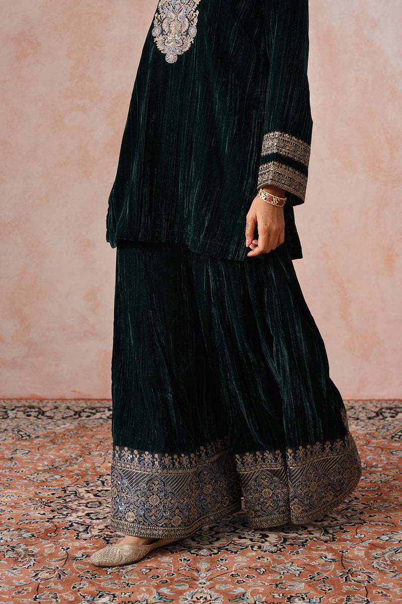 Bottle Green Crush Velvet Embroidered Sharara Set