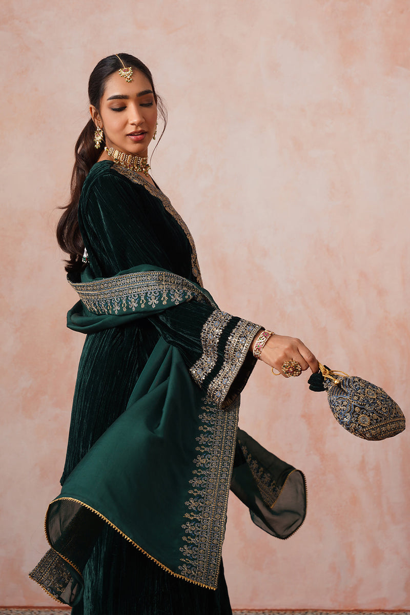 Bottle Green Crush Velvet Embroidered Sharara Set