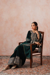 Bottle Green Crush Velvet Embroidered Sharara Set