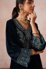 Aafreen Teal Blue Velvet Embroidered Set