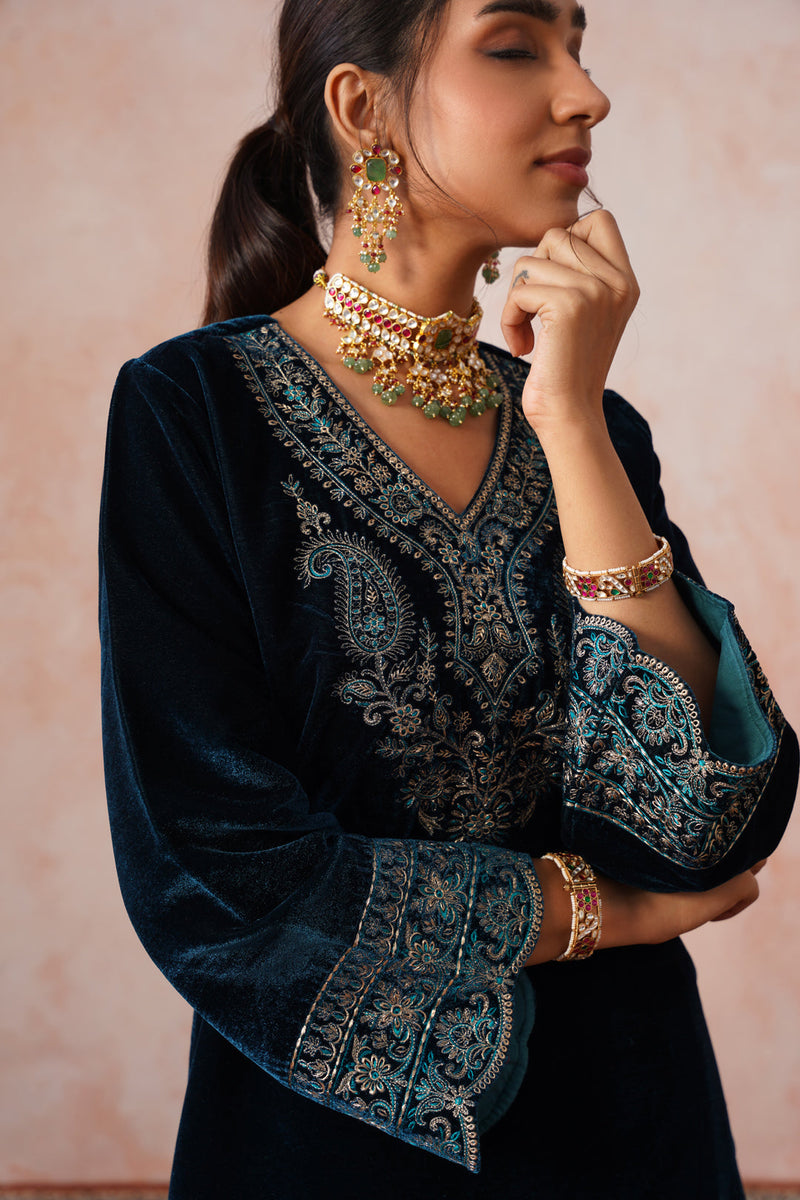 Aafreen Teal Blue Velvet Embroidered Set