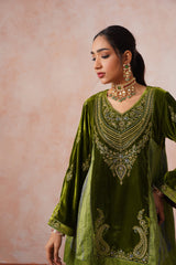Aafreen Golden Olive Velvet Embroidered Salwar Set