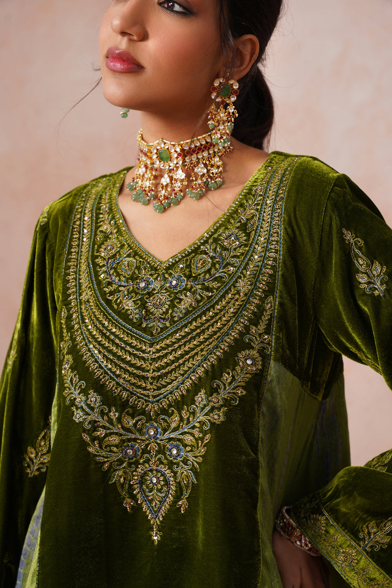Aafreen Golden Olive Velvet Embroidered Salwar Set