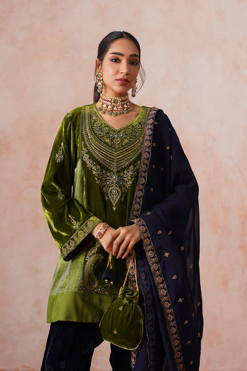 Aafreen Golden Olive Velvet Embroidered Salwar Set