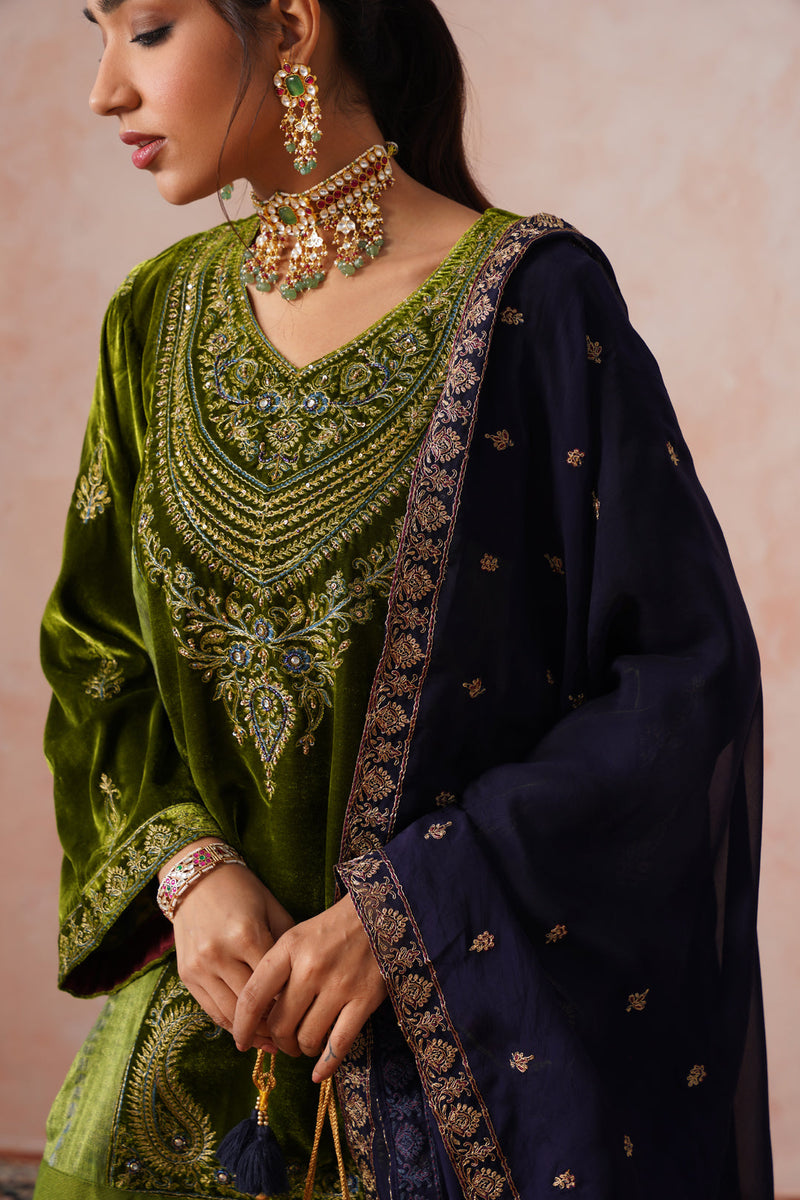 Aafreen Golden Olive Velvet Embroidered Salwar Set