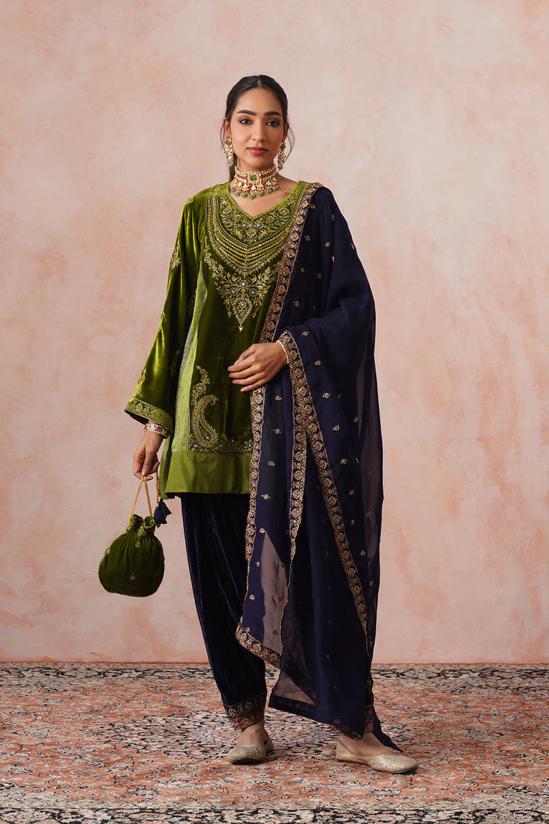Aafreen Golden Olive Velvet Embroidered Salwar Set