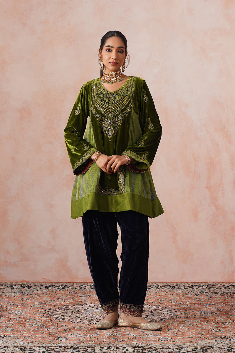 Aafreen Golden Olive Velvet Embroidered Salwar Set