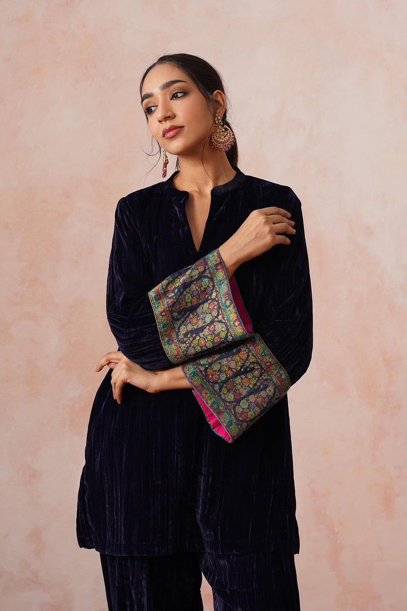 Navy Crush Velvet Suit with Kaani Zari Dupatta