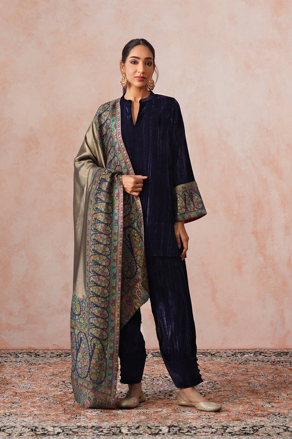 Navy Crush Velvet Suit with Kaani Zari Dupatta