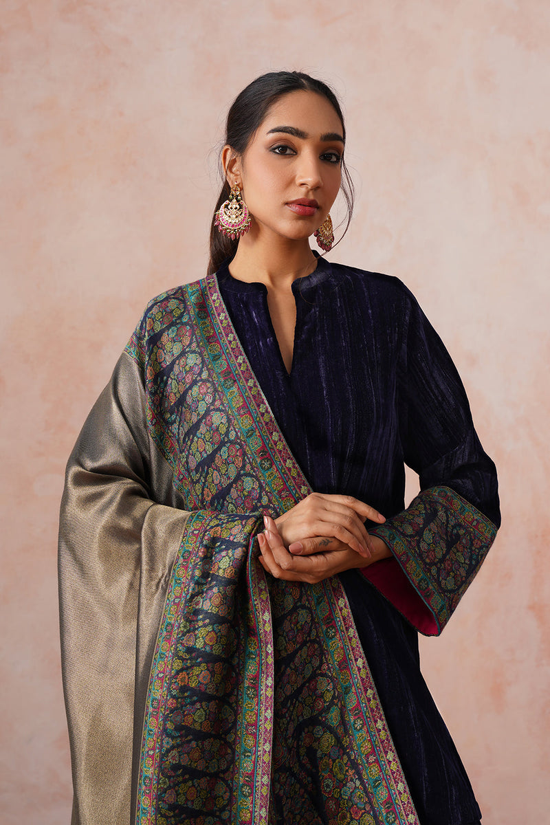 Navy Crush Velvet Suit with Kaani Zari Dupatta