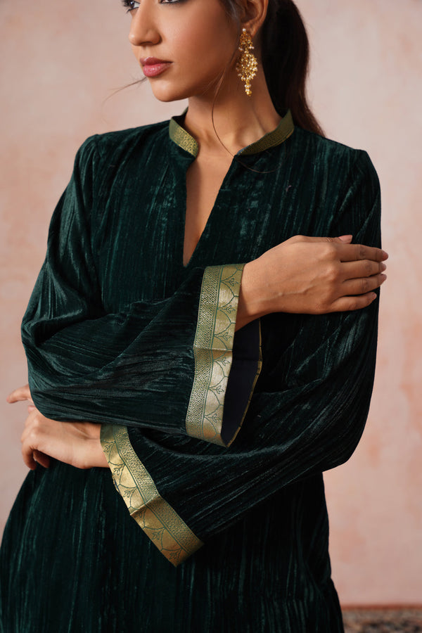 Bottle Green Velvet Top with Brocade Farshi Pants