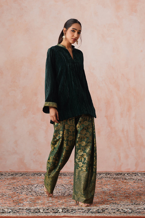 Bottle Green Velvet Top with Brocade Farshi Pants