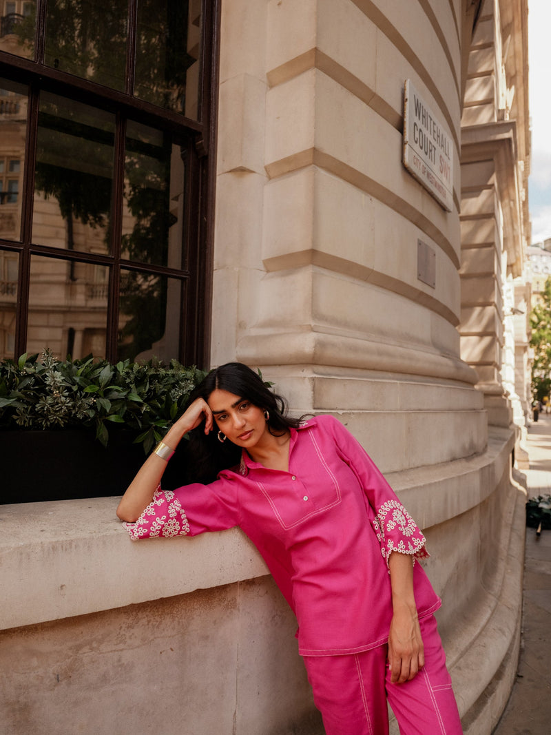 Pink Broderie Linen Set