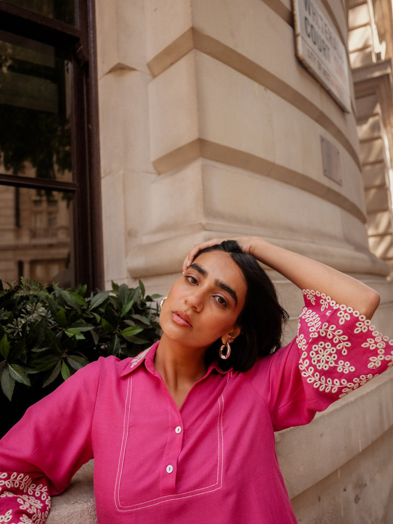 Pink Broderie Linen Set