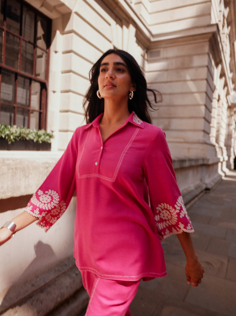 Pink Broderie Linen Set