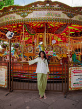 White Linen Cutwork Top with Green Striped Pants