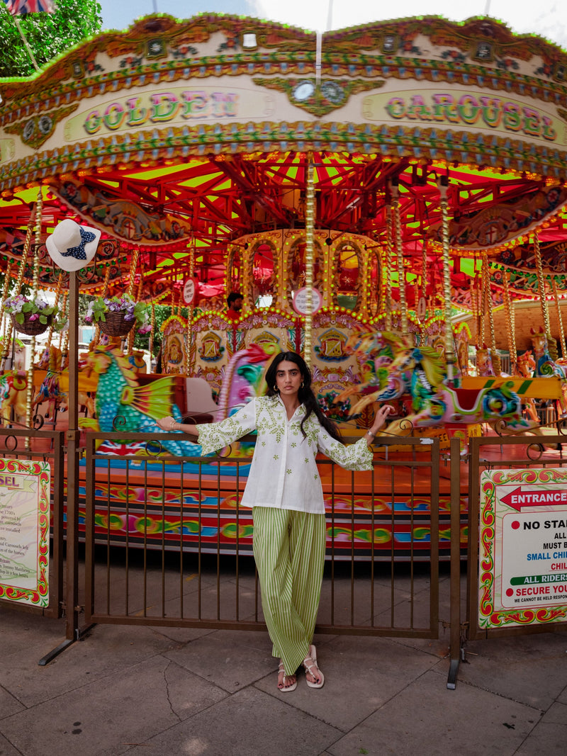 White Linen Cutwork Top with Green Striped Pants