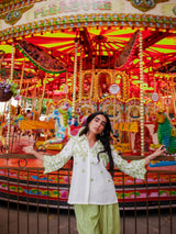 White Linen Cutwork Top with Green Striped Pants
