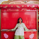 White Linen Cutwork Top with Green Striped Pants