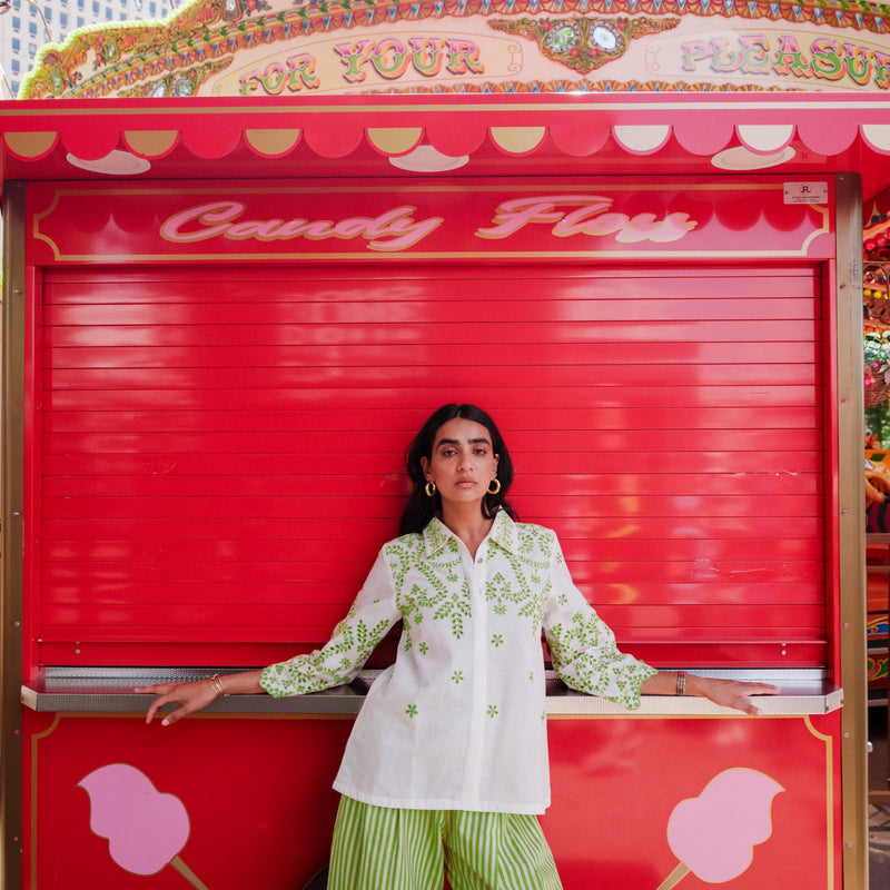 White Linen Cutwork Top with Green Striped Pants