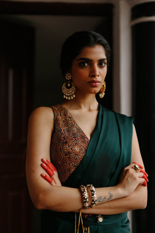 Hand Embroidered Blouse with Bottle Green Saree