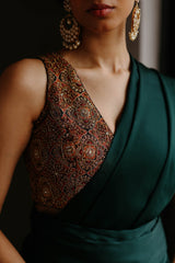 Hand Embroidered Blouse with Bottle Green Saree