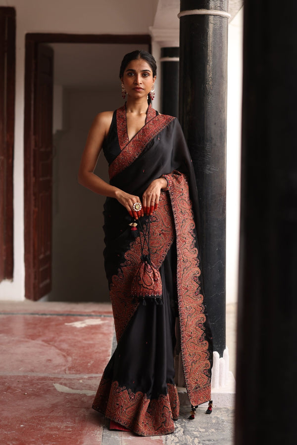 Black Hand Embroidered Paisley Saree