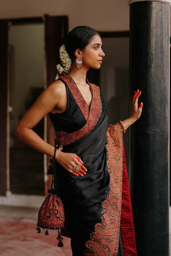 Black Hand Embroidered Paisley Saree