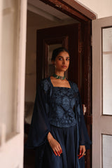 Navy Blue Embroidered Patchwork Cape Set