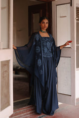 Navy Blue Embroidered Patchwork Cape Set