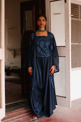 Navy Blue Embroidered Patchwork Cape Set