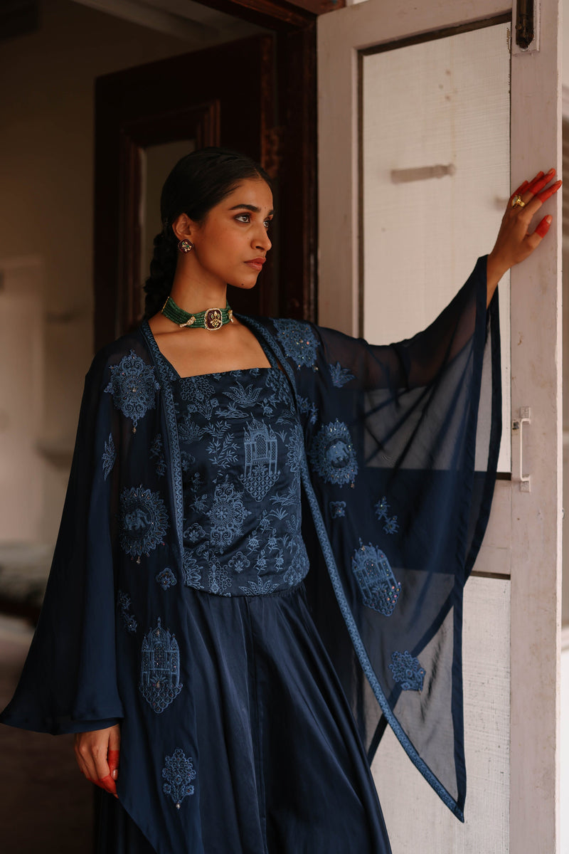 Navy Blue Embroidered Patchwork Cape Set