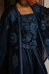 Navy Blue Embroidered Patchwork Cape Set