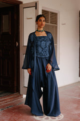 Navy Blue Embroidered Patchwork Cape Set