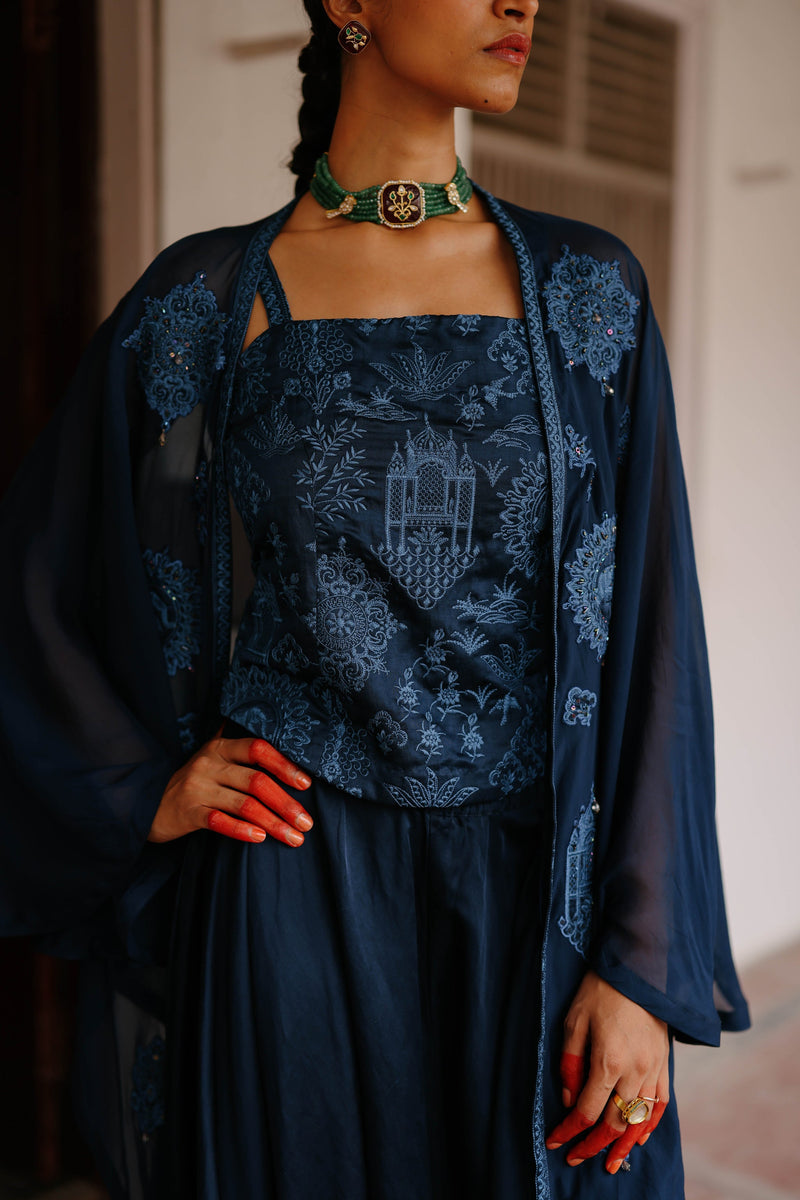 Navy Blue Embroidered Patchwork Cape Set