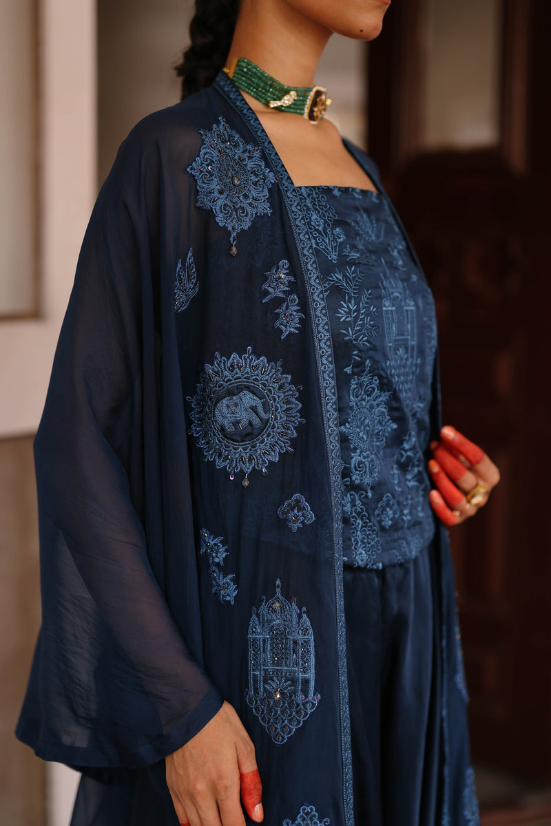 Navy Blue Embroidered Patchwork Cape Set