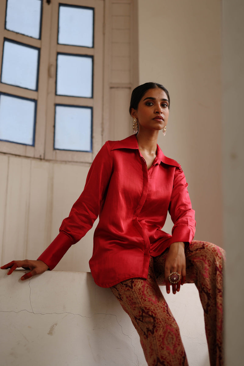 Scarlet Shirt with Embroidered Bell Bottoms