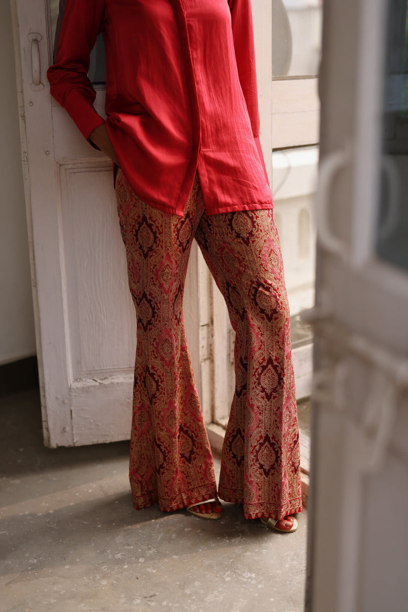 Scarlet Shirt with Embroidered Bell Bottoms