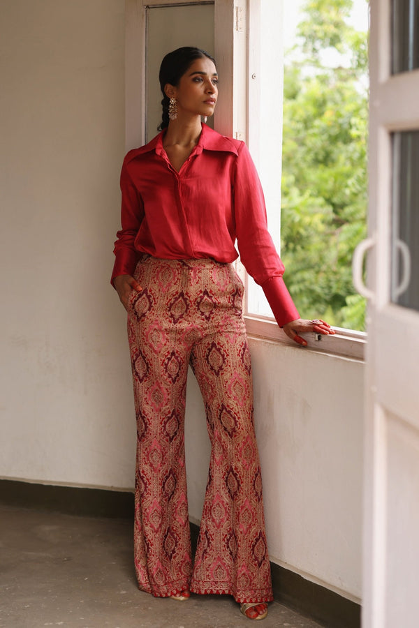 Scarlet Shirt with Embroidered Bell Bottoms