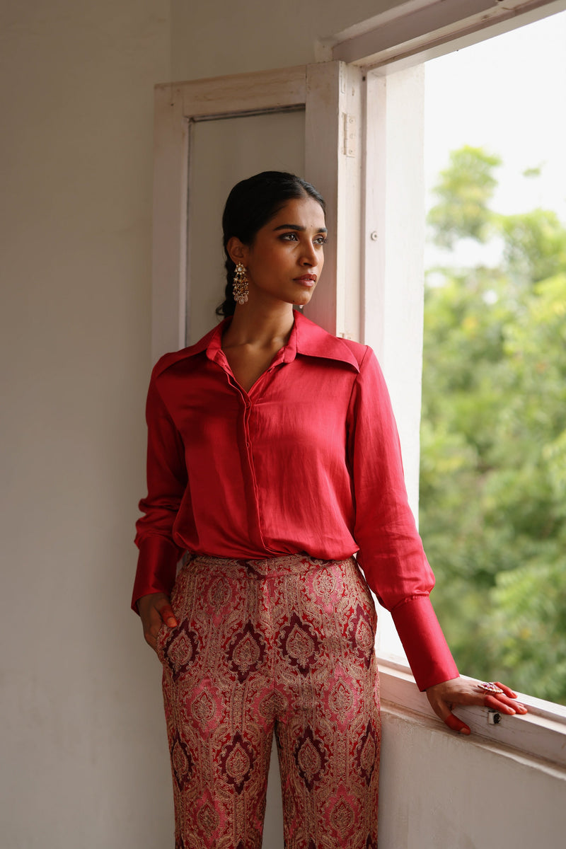 Scarlet Shirt with Embroidered Bell Bottoms