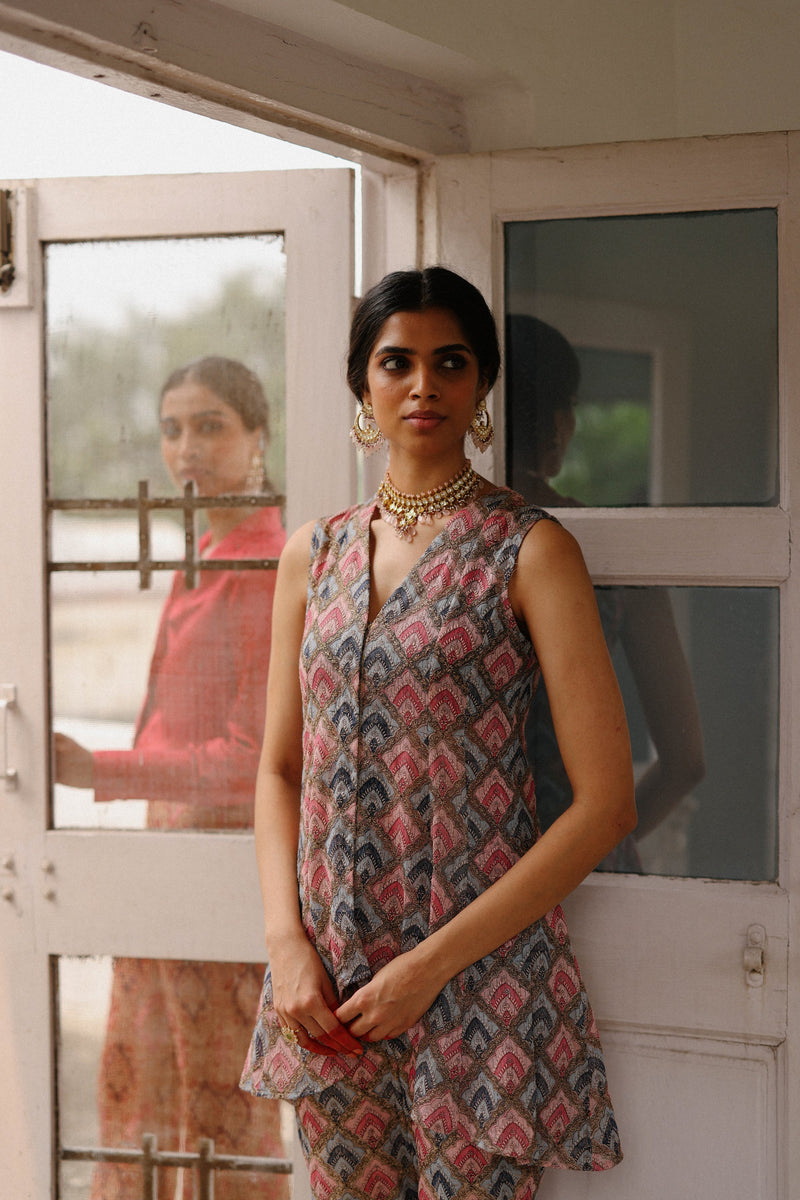 Pink-Blue Embroidered Peplum Set