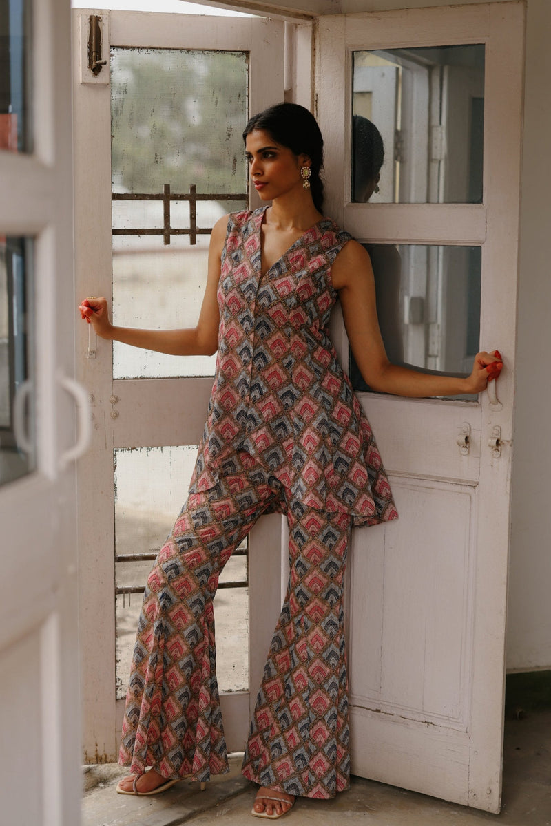 Pink-Blue Embroidered Peplum Set