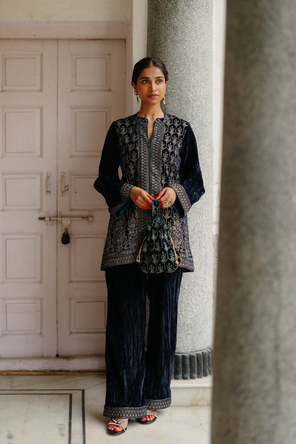 Parv Navy Blue Crush Velvet Embroidered Co-ord Set