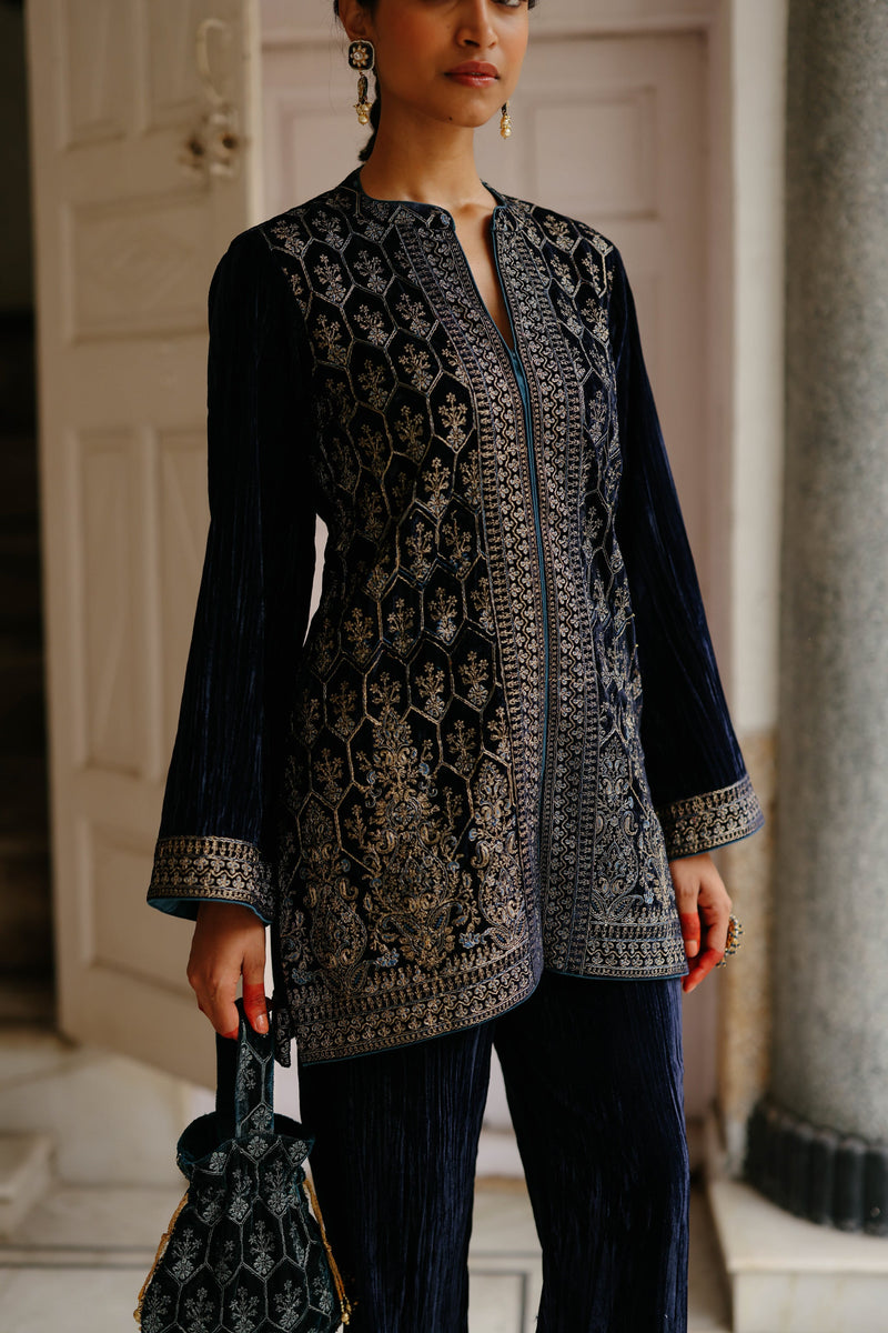 Parv Navy Blue Crush Velvet Embroidered Co-ord Set