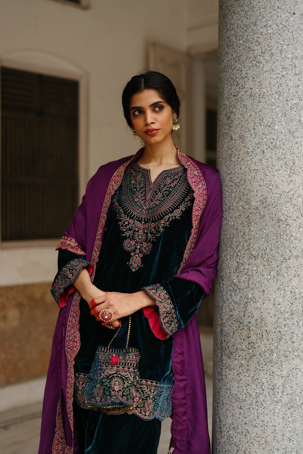 Teal Blue Velvet Embroidered Set with Contrast Wine Dupatta