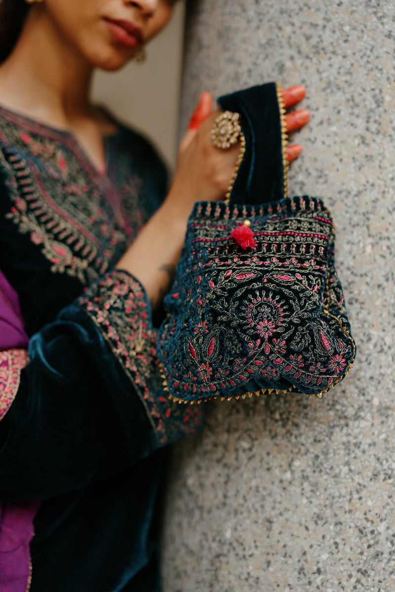 Teal Blue Velvet Embroidered Set with Contrast Wine Dupatta