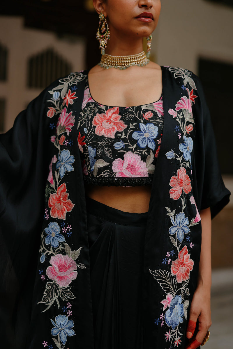 Black Floral Embroidered Patchwork Cape Set