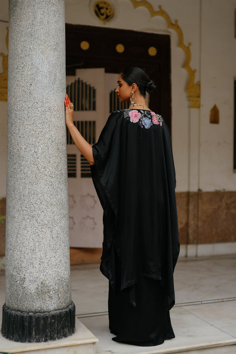 Black Floral Embroidered Patchwork Cape Set