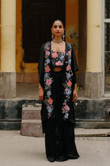 Black Floral Embroidered Patchwork Cape Set